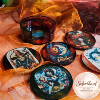 Halloween Untersetzer Epoxidharz 5er Set handgemacht mit Halterung Grusel Unikat