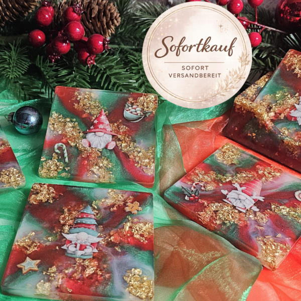 Handgemachte Untersetzer aus Epoxidharz 5er Set mit Wichtel Design und Halterung